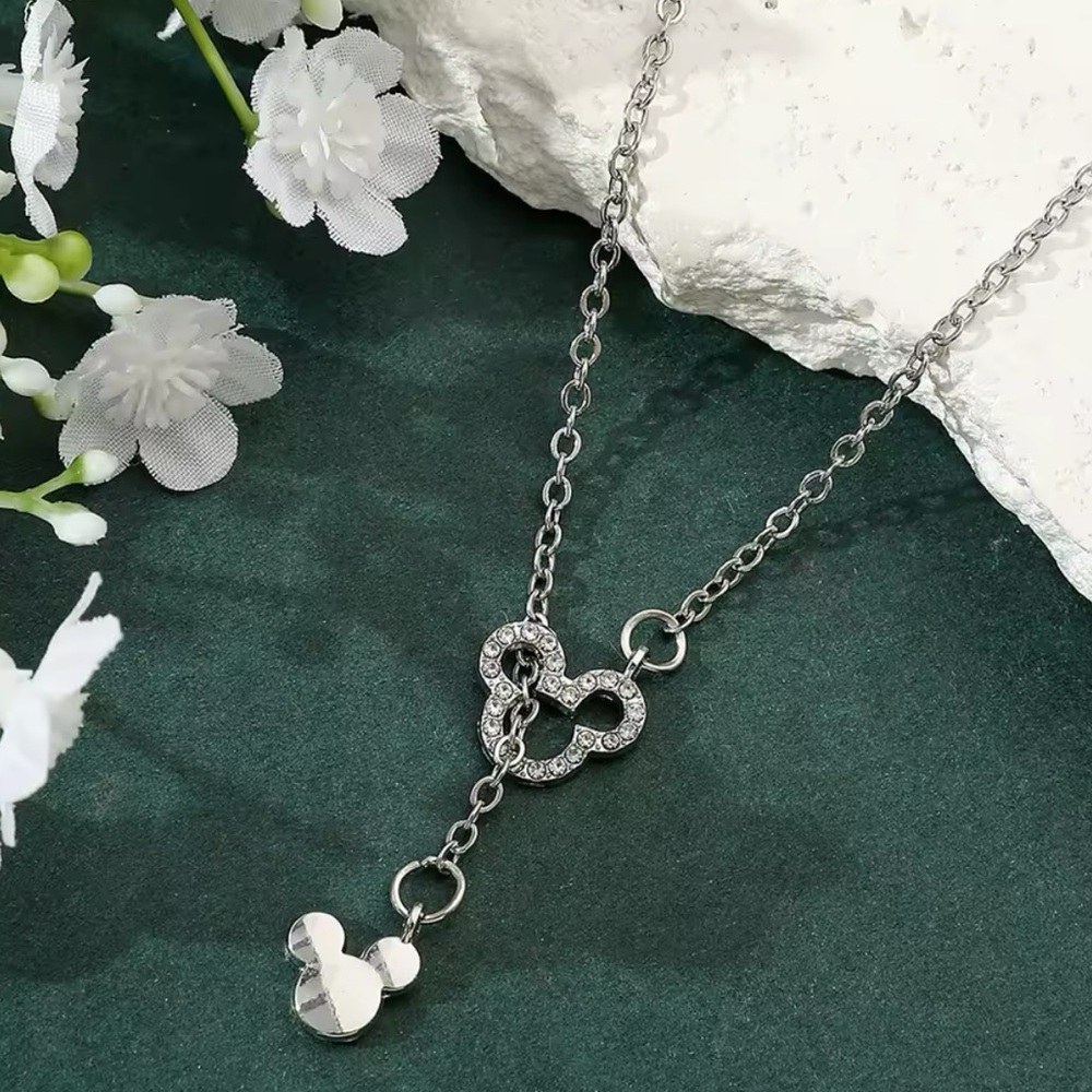 Sterling Silver Lariat Cubic Zirconia Mickey Mouse Necklace